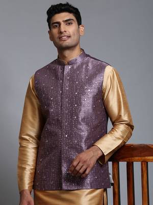 Purple And Rose Gold Silk Blend Jacket, Kurta And Pyjama Set 4