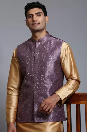 Purple And Rose Gold Silk Blend Jacket, Kurta And Pyjama Set