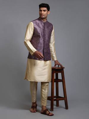 Purple And Gold Silk Blend Jacket, Kurta And Pyjama Set 1