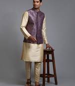 Purple And Gold Silk Blend Jacket, Kurta And Pyjama Set