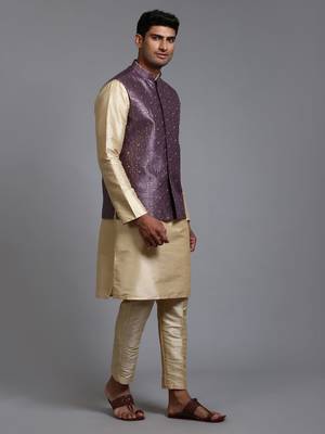 Purple And Gold Silk Blend Jacket, Kurta And Pyjama Set 2