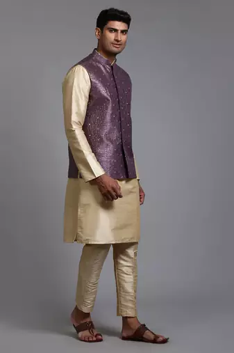 Purple And Gold Silk Blend Jacket, Kurta And Pyjama Set