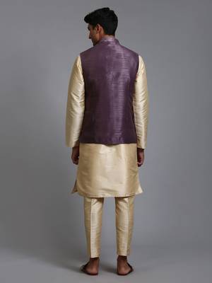 Purple And Gold Silk Blend Jacket, Kurta And Pyjama Set 3