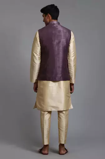 Purple And Gold Silk Blend Jacket, Kurta And Pyjama Set