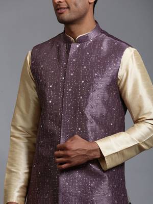Purple And Gold Silk Blend Jacket, Kurta And Pyjama Set 4