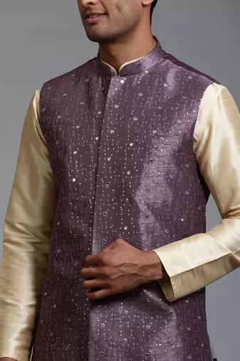 Purple And Gold Silk Blend Jacket, Kurta And Pyjama Set