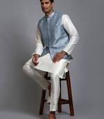 Grey And Cream Silk Blend Jacket, Kurta And Pyjama Set