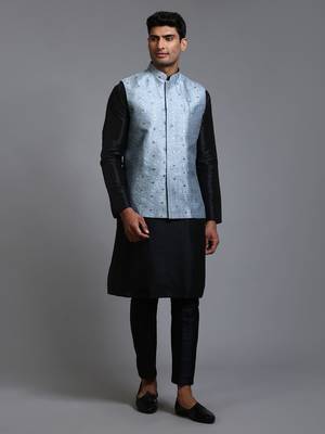 Grey And Black Silk Blend Jacket, Kurta And Pyjama Set 1