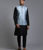 Grey And Black Silk Blend Jacket, Kurta And Pyjama Set