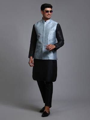 Grey And Black Silk Blend Jacket, Kurta And Pyjama Set 2