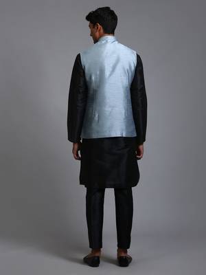 Grey And Black Silk Blend Jacket, Kurta And Pyjama Set 3