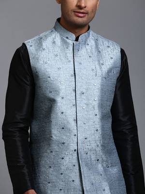 Grey And Black Silk Blend Jacket, Kurta And Pyjama Set 4