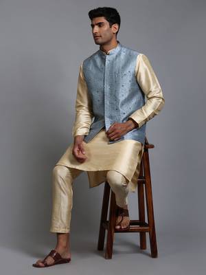 Grey And Gold Silk Blend Jacket, Kurta And Pyjama Set 1