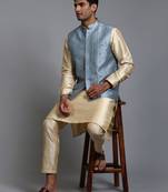 Grey And Gold Silk Blend Jacket, Kurta And Pyjama Set