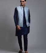 Grey And Navy Blue Silk Blend Jacket, Kurta And Pyjama Set
