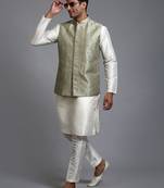 mens mirror work mint green silk blend jacket with cream kurta and pyjama set