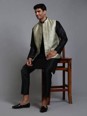 Mint Green And Black Silk Blend Jacket, Kurta And Pyjama Set 1