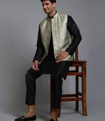 Mint Green And Black Silk Blend Jacket, Kurta And Pyjama Set