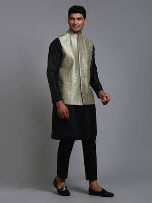 Mint Green And Black Silk Blend Jacket, Kurta And Pyjama Set 2