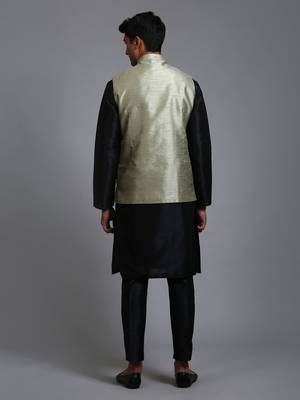 Mint Green And Black Silk Blend Jacket, Kurta And Pyjama Set 3