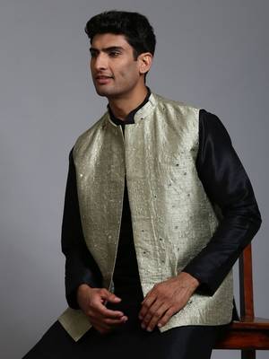 Mint Green And Black Silk Blend Jacket, Kurta And Pyjama Set 4