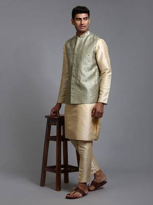Mint Green And Gold Silk Blend Jacket, Kurta And Pyjama Set 1