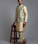 Men'S Mint Green And Gold Silk Blend Jacket, Kurta And Pyjama Set