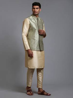 Mint Green And Gold Silk Blend Jacket, Kurta And Pyjama Set 2