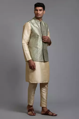 Mint Green And Gold Silk Blend Jacket, Kurta And Pyjama Set