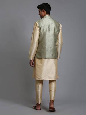 Mint Green And Gold Silk Blend Jacket, Kurta And Pyjama Set 3