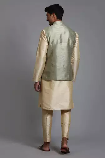 Mint Green And Gold Silk Blend Jacket, Kurta And Pyjama Set