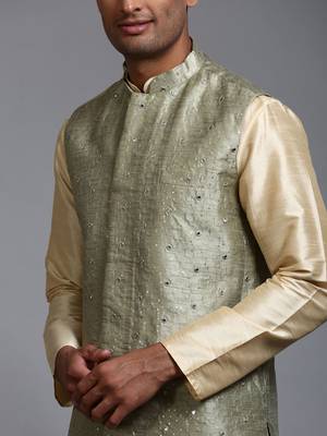 Mint Green And Gold Silk Blend Jacket, Kurta And Pyjama Set 4