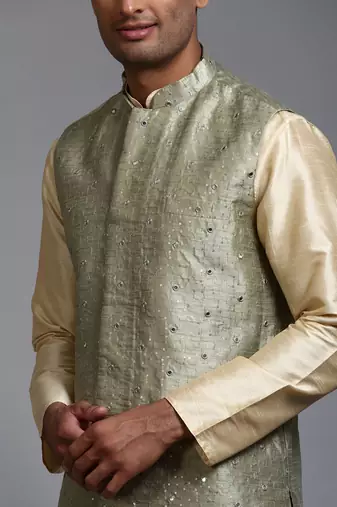 Mint Green And Gold Silk Blend Jacket, Kurta And Pyjama Set