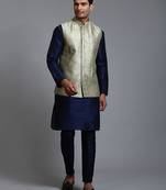 Men'S Mint Green And Navy Blue Silk Blend Jacket, Kurta And Pyjama Set