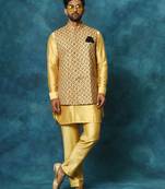 Men'S Mustard Yellow Viscose Jacket, Kurta And Pyjama Set