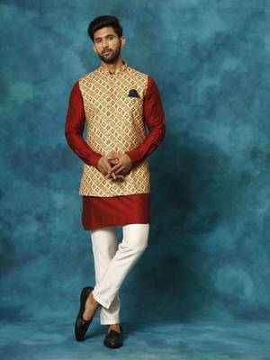Mustard Yellow, Maroon And Cream Viscose Jacket, Kurta And Pyjama Set 1