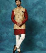 Mustard Yellow, Maroon And Cream Viscose Jacket, Kurta And Pyjama Set