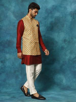 Mustard Yellow, Maroon And Cream Viscose Jacket, Kurta And Pyjama Set 2