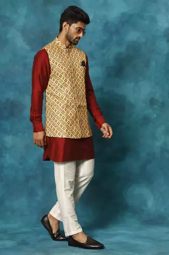 Mustard Yellow, Maroon And Cream Viscose Jacket, Kurta And Pyjama Set