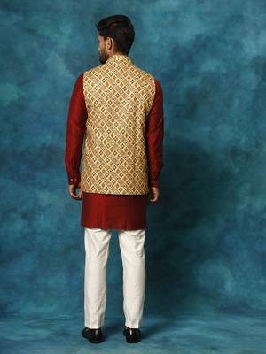 Mustard Yellow, Maroon And Cream Viscose Jacket, Kurta And Pyjama Set 3