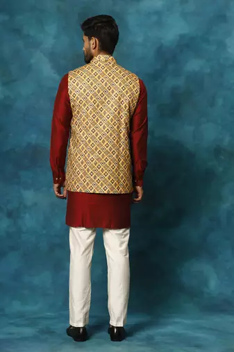 Mustard Yellow, Maroon And Cream Viscose Jacket, Kurta And Pyjama Set