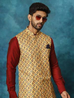 Mustard Yellow, Maroon And Cream Viscose Jacket, Kurta And Pyjama Set 4