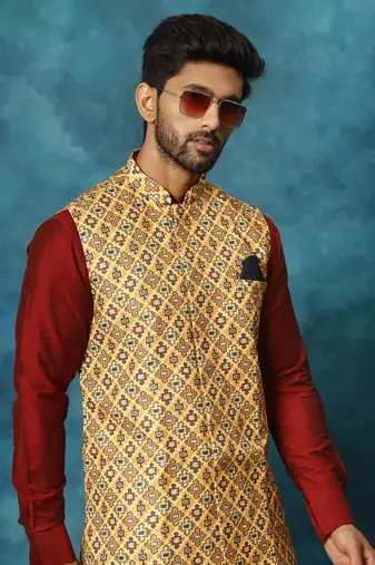 Mustard Yellow, Maroon And Cream Viscose Jacket, Kurta And Pyjama Set