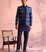 Blue Viscose Jacket, Kurta And Pyjama Set