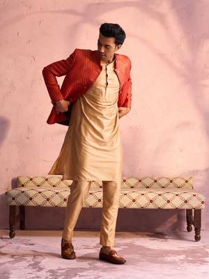 Rose Gold And Red Viscose Jacket, Kurta And Pyjama Set 1