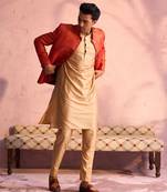 Rose Gold And Red Viscose Jacket, Kurta And Pyjama Set