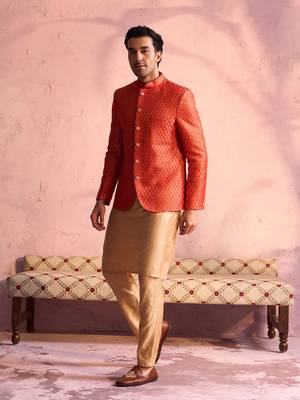 Rose Gold And Red Viscose Jacket, Kurta And Pyjama Set 2