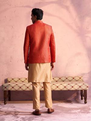 Rose Gold And Red Viscose Jacket, Kurta And Pyjama Set 3