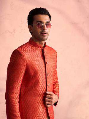 Rose Gold And Red Viscose Jacket, Kurta And Pyjama Set 4