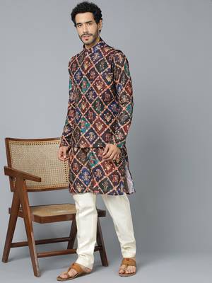 Men'S Purple And Cream Muslin Cotton Jacket, Kurta And Pyjama Set 1